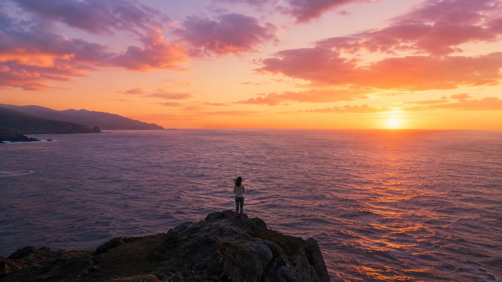 夕暮れの日本海。断崖の先に一人が立ち、水平線の向こうへ視線を向けている
